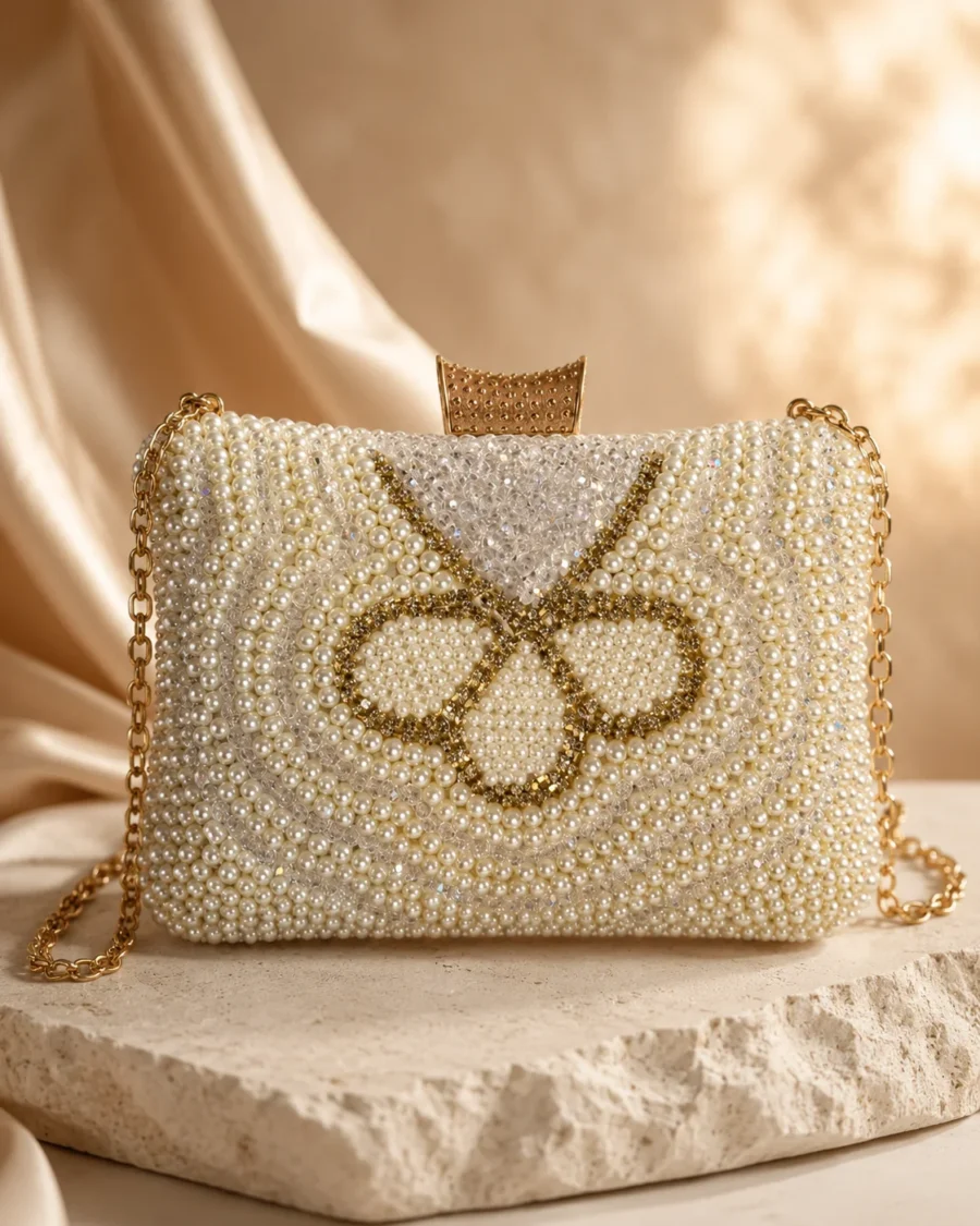 Areeba Ivory Pearl Embellished Handbag with Gold Chain