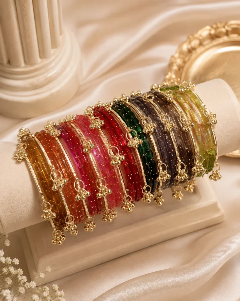 Noor Multicolor Kashmiri Bangles Set with Gold-Toned Ghungroo Charms
