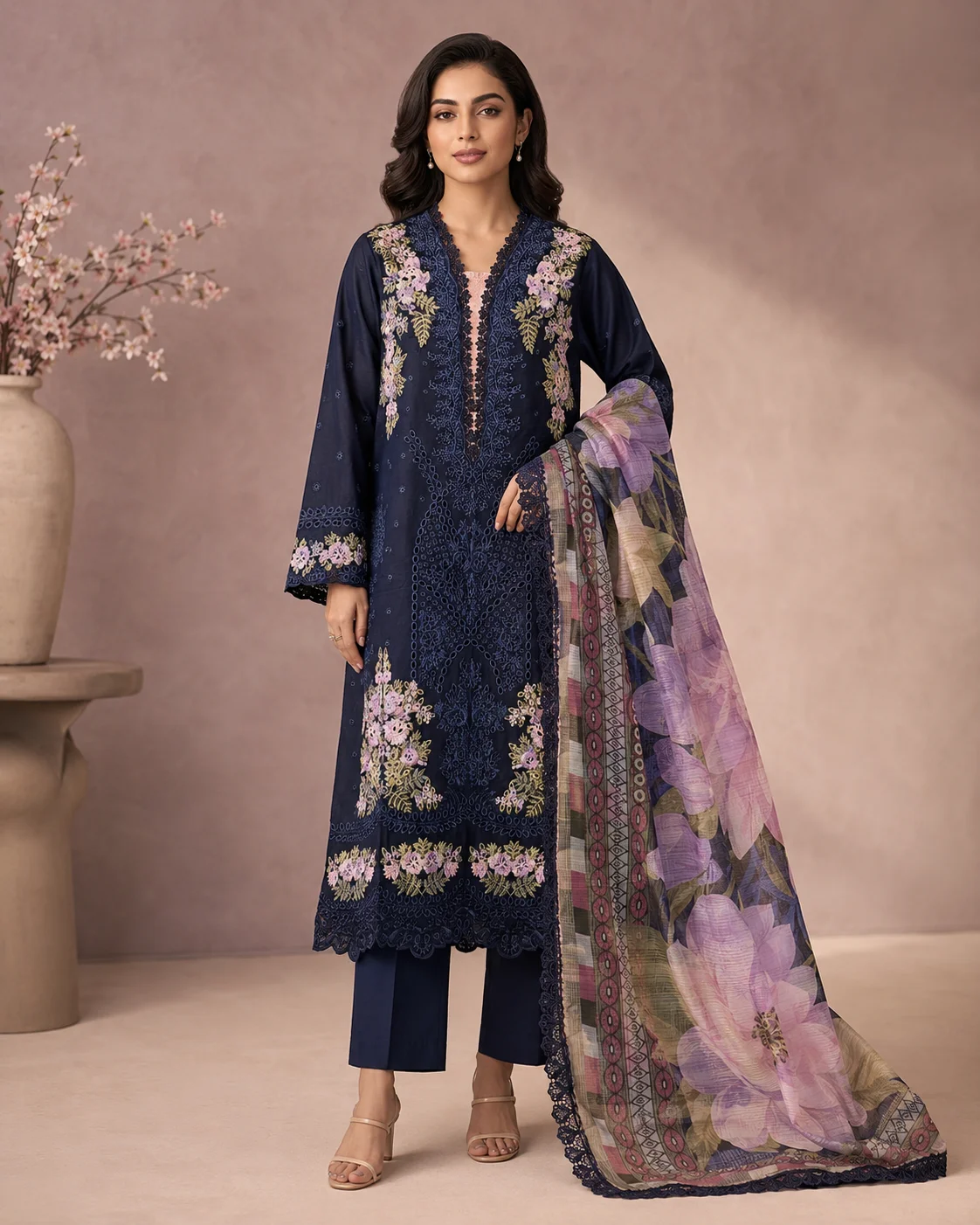 Meher Navy Blue Floral Embroidered 3-Piece Casual Suit