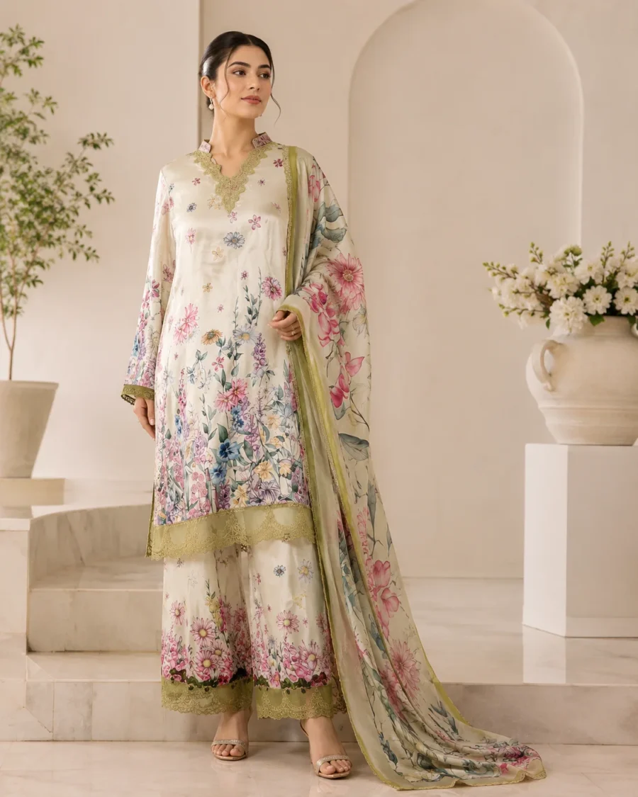 Gulbahar Sea Green Floral Silk Shirt & Palazzo Trouser Set