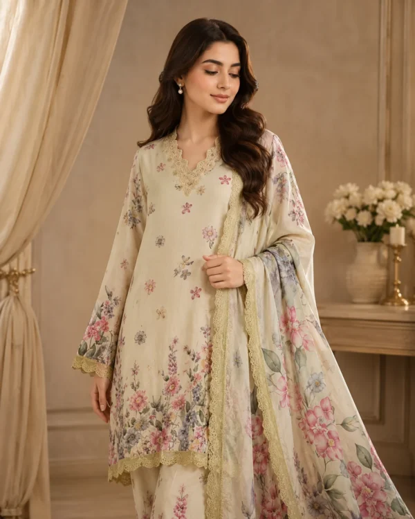 Gulbahar Sea Green Floral Silk Shirt & Palazzo Trouser Set - Image 2