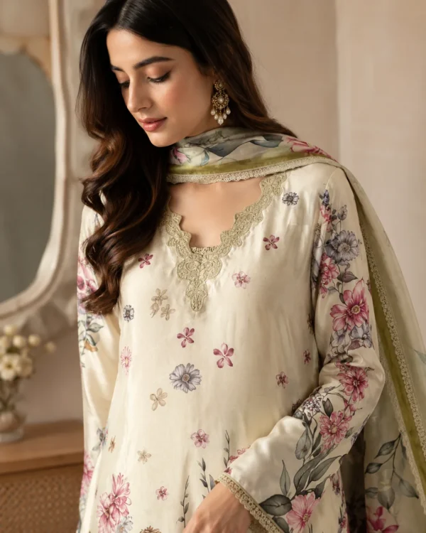Gulbahar Sea Green Floral Silk Shirt & Palazzo Trouser Set - Image 3