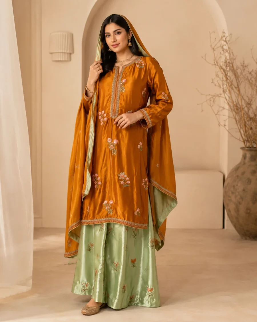 Zarish Golden Mustard Embroidered Silk Shirt & Palazzo Set