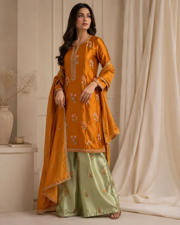 Zarish Golden Mustard Embroidered Silk Shirt & Palazzo Set - Image 2