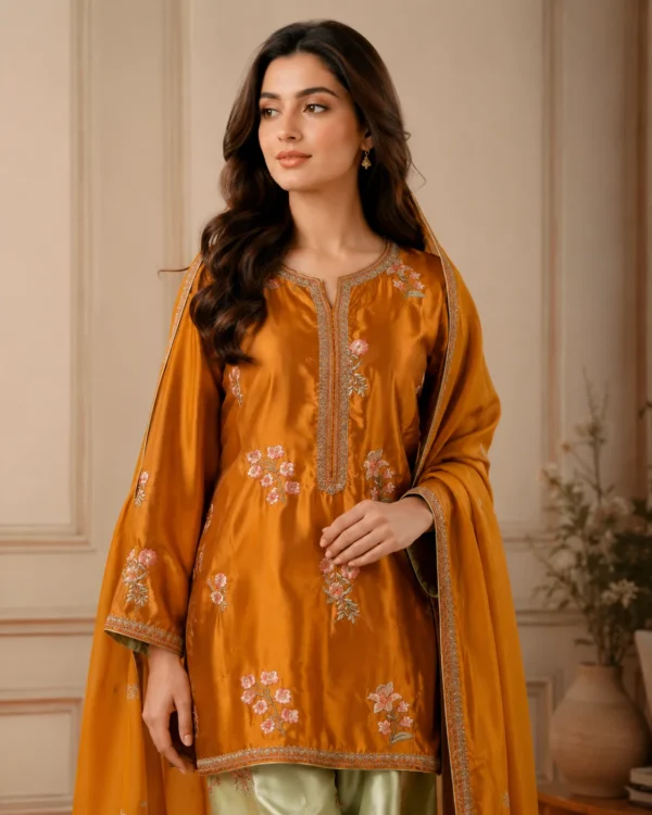 Zarish Golden Mustard Embroidered Silk Shirt & Palazzo Set - Image 3