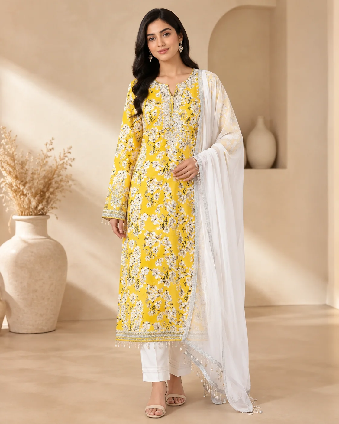 Ayla Sunshine Yellow Floral Embroidered 3-Piece Casual Suit