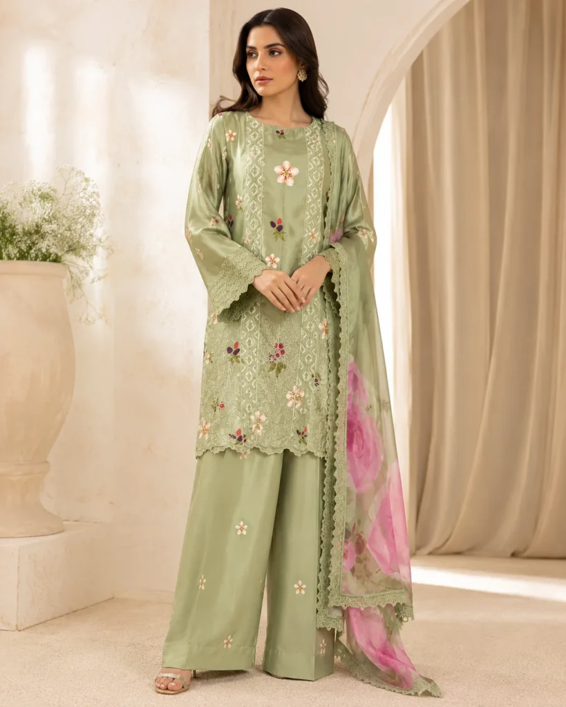 Nayra Sea Green Embroidered Silk Shirt & Palazzo Set