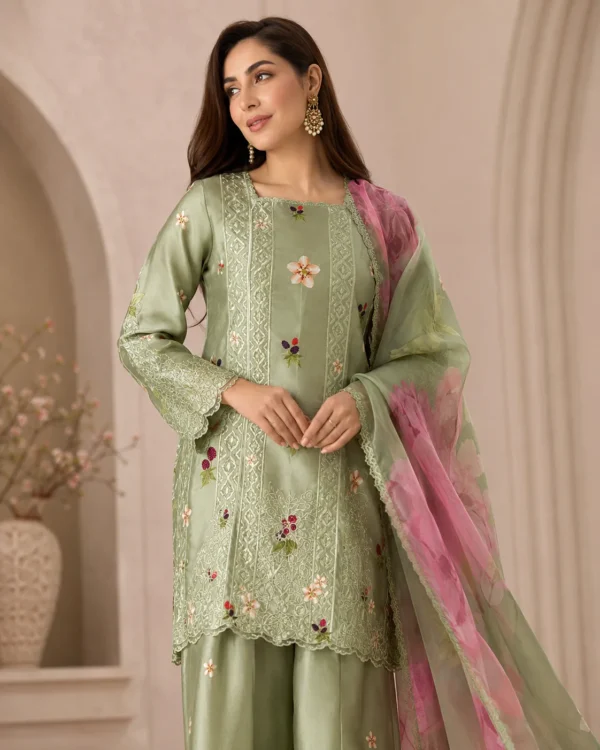 Nayra Sea Green Embroidered Silk Shirt & Palazzo Set - Image 2