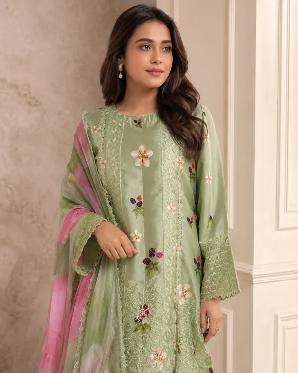 Nayra Sea Green Embroidered Silk Shirt & Palazzo Set - Image 3