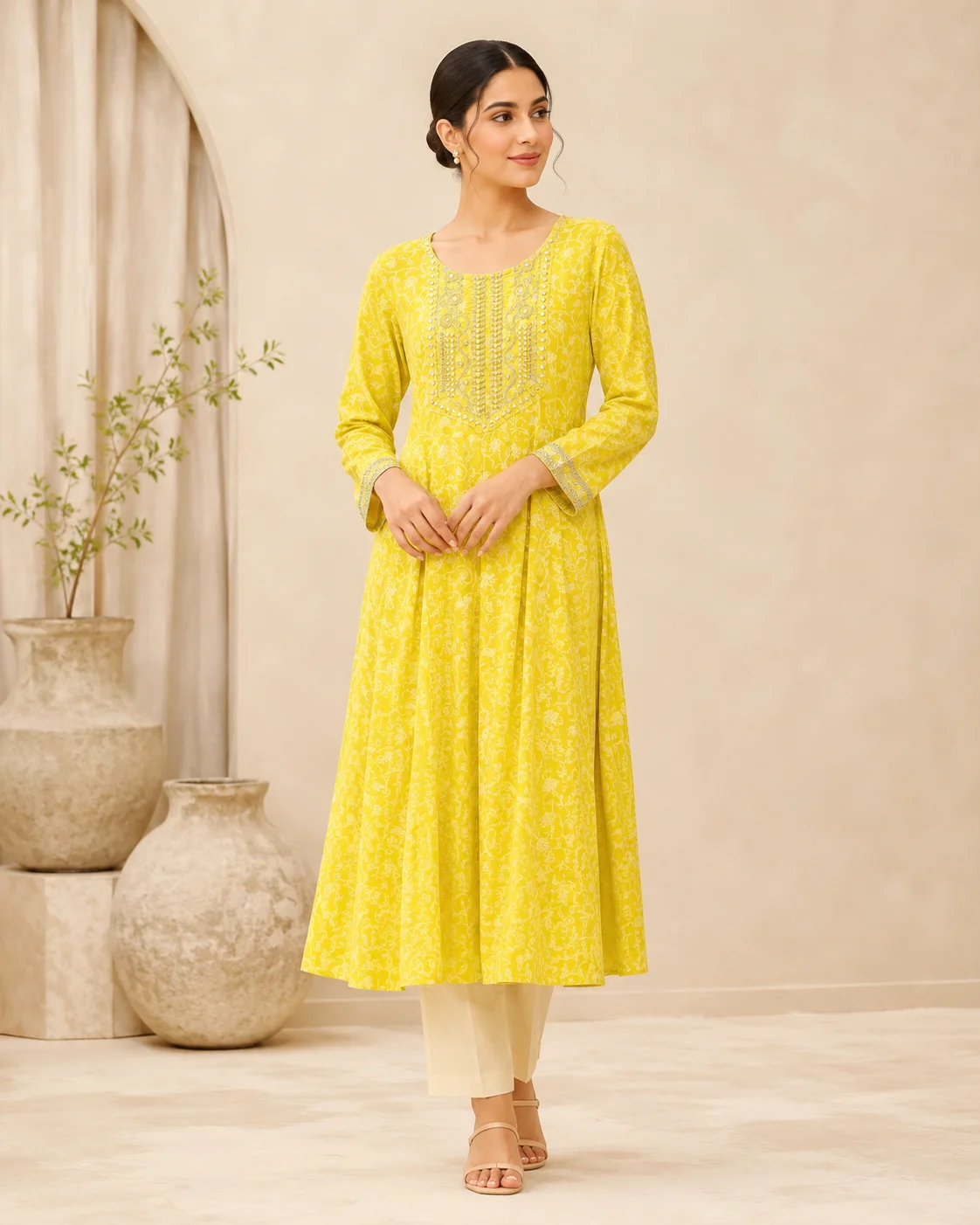 Roshni Lemon Yellow Embroidered 2-Piece Frock Set