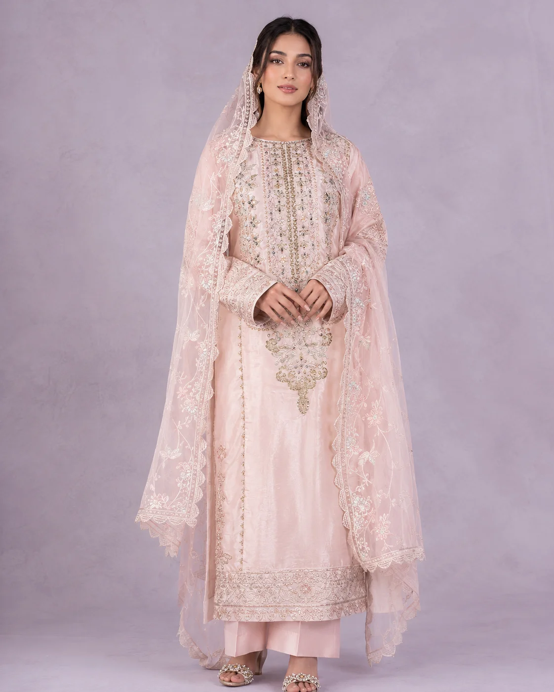 Noor Blush Pink Embroidered Silk 3-Piece Festive Suit