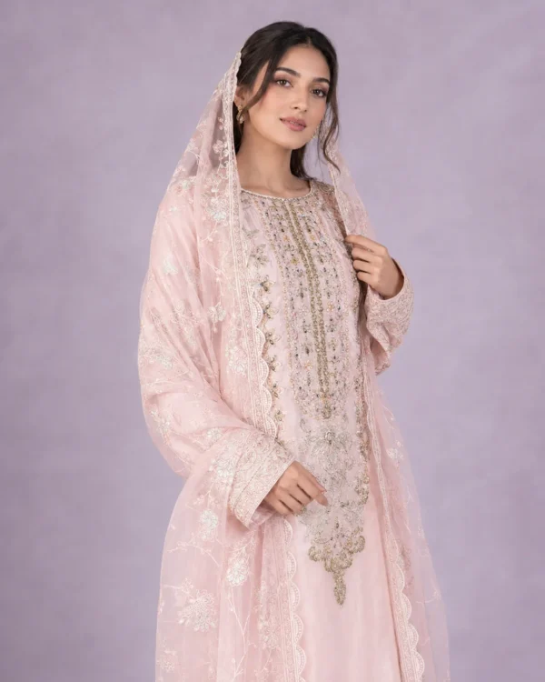 Noor Blush Pink Embroidered Silk 3-Piece Festive Suit - Image 2