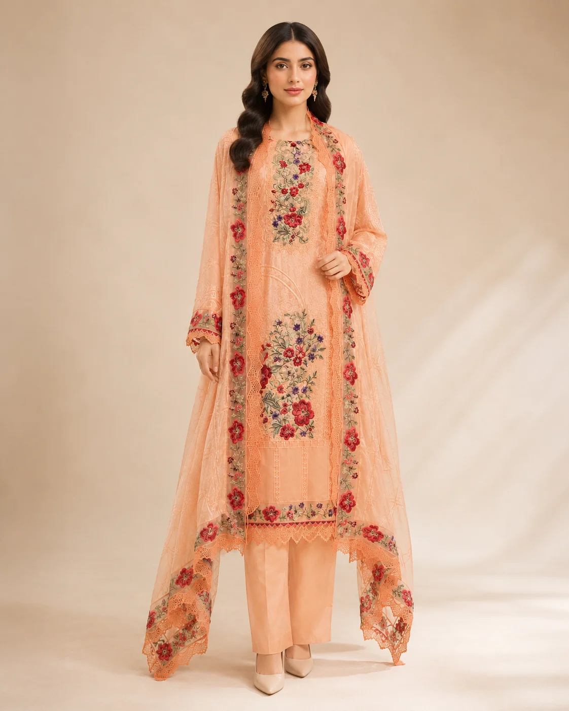 Nayab Peach Embroidered Velvet 3-Piece Suit with Luxury Burnout Dupatta