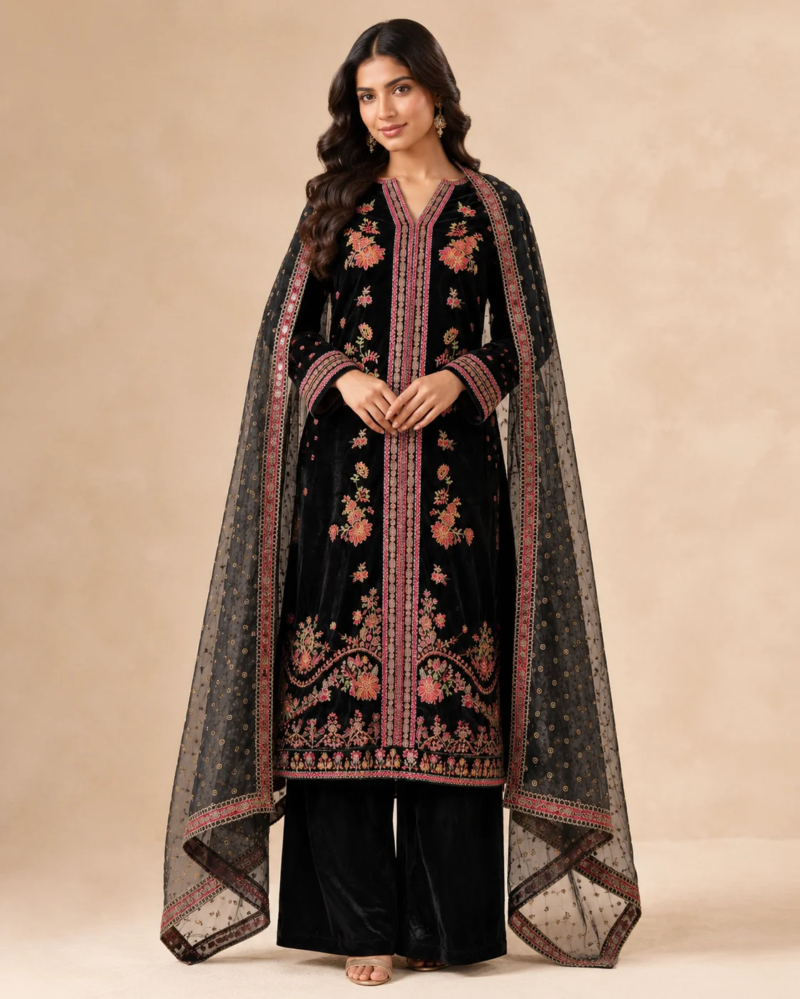 Mehrunisa Black Embroidered Velvet 3-Piece Suit with Embellished Net Dupatta