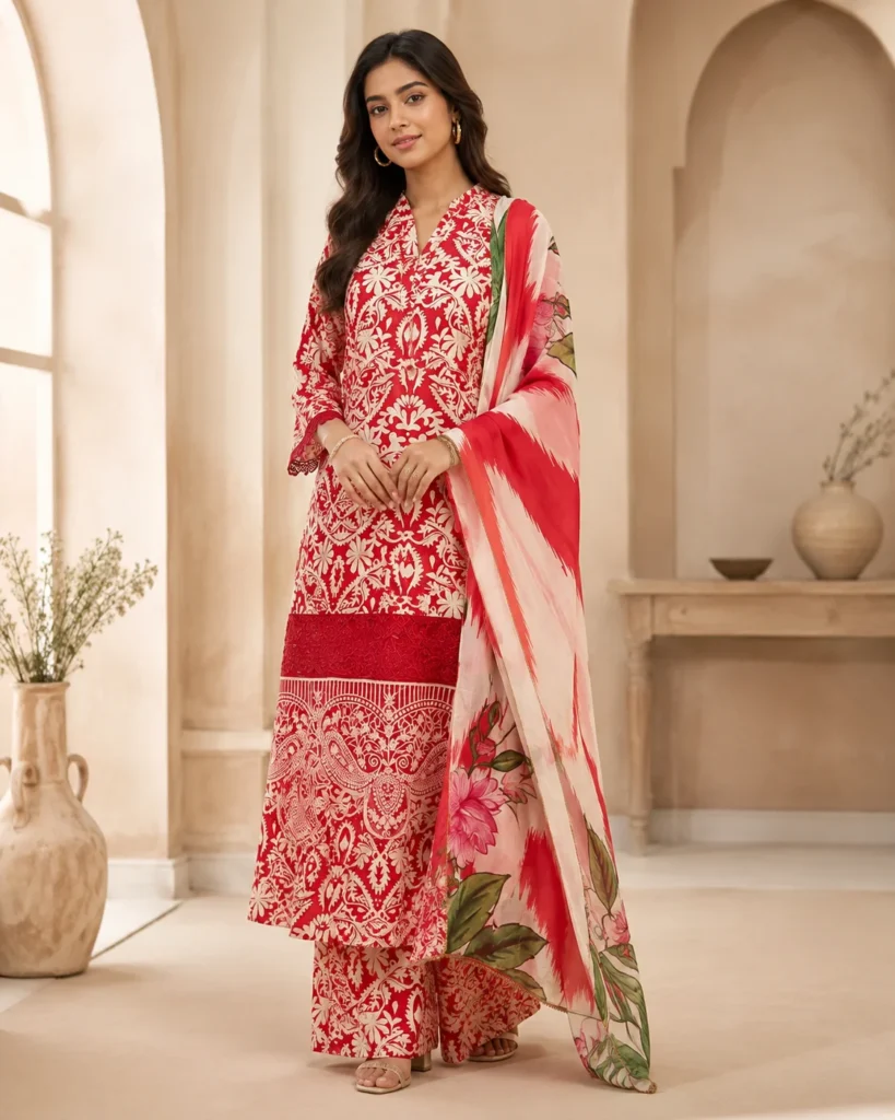 Rangrez Pink & White Printed Silk Shirt and Palazzo Set