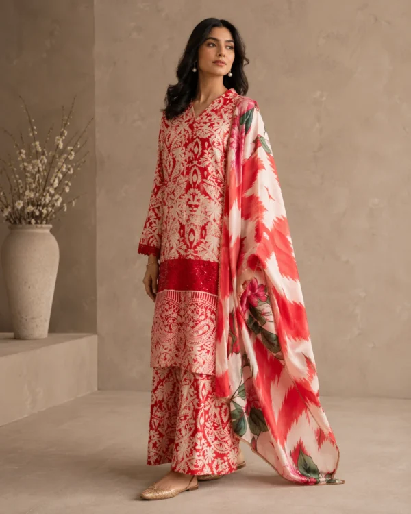 Rangrez Pink & White Printed Silk Shirt and Palazzo Set - Image 3