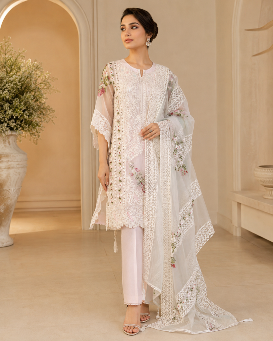 Mehrunisa Blush Pink Embroidered Tissue Net Silk Kameez Shalwar Set
