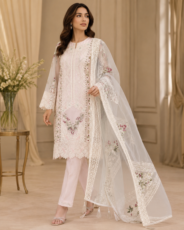 Mehrunisa Blush Pink Embroidered Tissue Net Silk Kameez Shalwar Set - Image 3