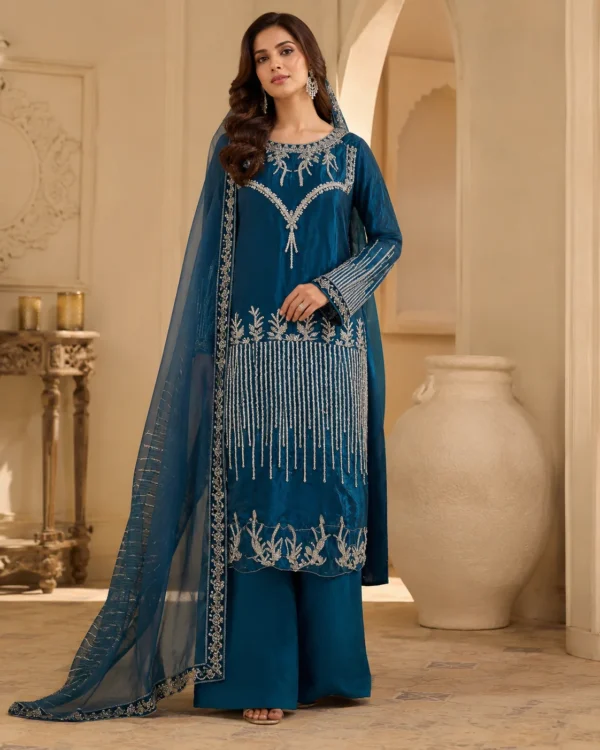 Aabshar Peacock Blue Embroidered Sheesha Silk 3-Piece Palazzo Suit