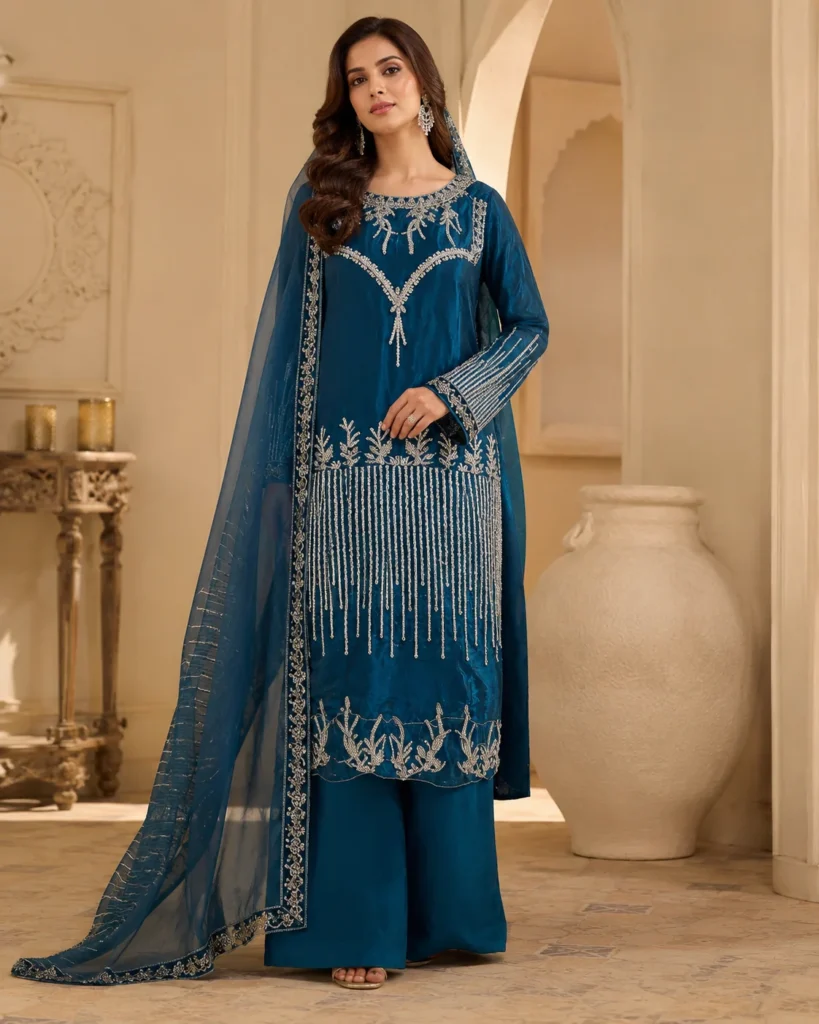 Aabshar Peacock Blue Embroidered Sheesha Silk 3-Piece Palazzo Suit