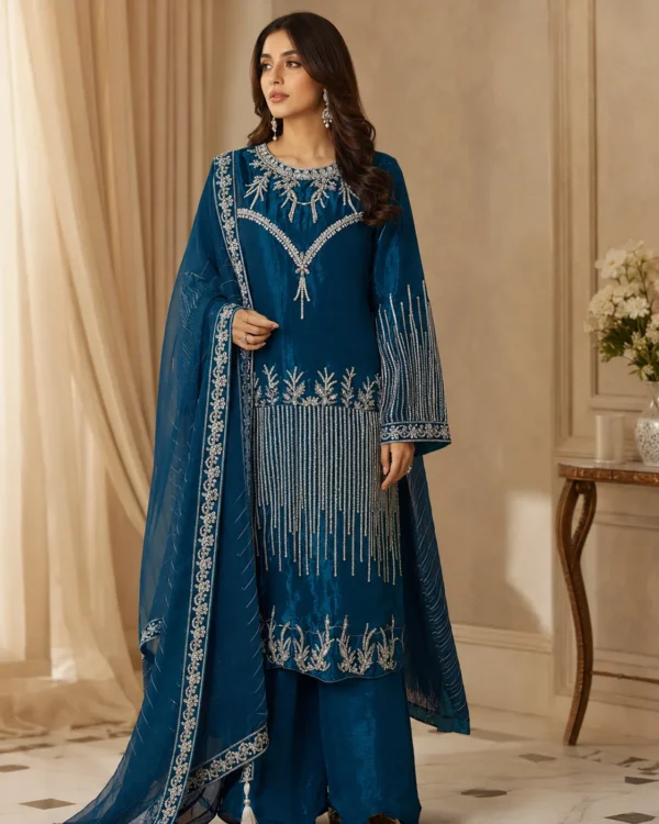 Aabshar Peacock Blue Embroidered Sheesha Silk 3-Piece Palazzo Suit - Image 2