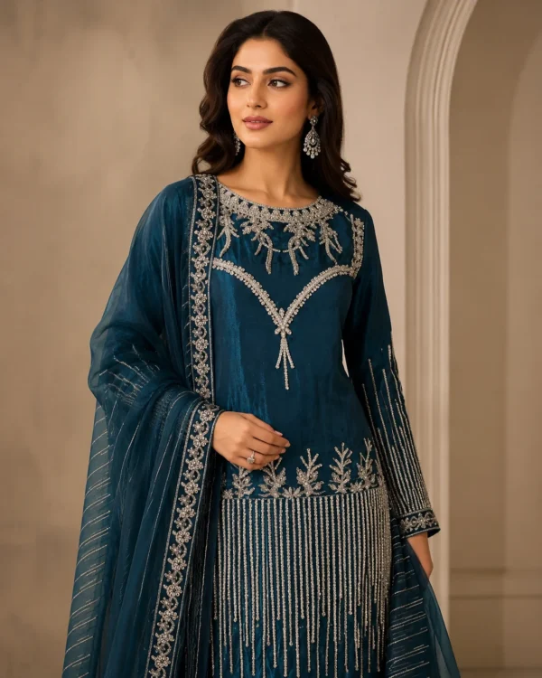 Aabshar Peacock Blue Embroidered Sheesha Silk 3-Piece Palazzo Suit - Image 3