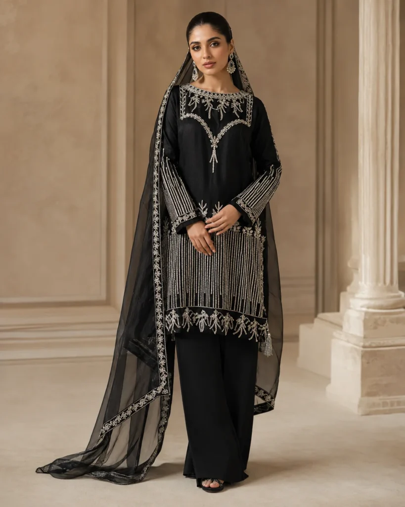 Zariya Black Embroidered Sheesha Silk 3-Piece Short Shirt & Palazzo Suit