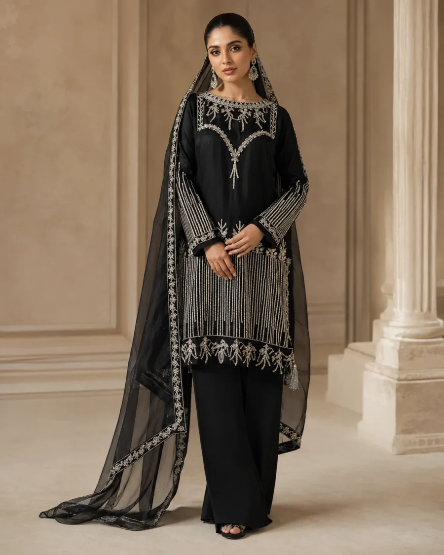 Zariya Black Embroidered Sheesha Silk 3-Piece Short Shirt & Palazzo Suit