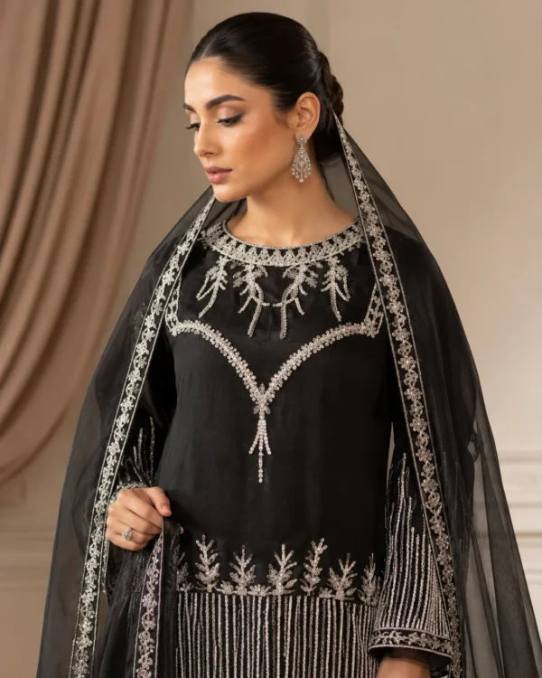Zariya Black Embroidered Sheesha Silk 3-Piece Short Shirt & Palazzo Suit - Image 2