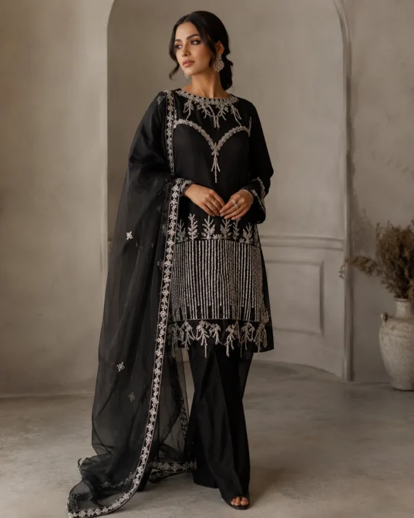 Zariya Black Embroidered Sheesha Silk 3-Piece Short Shirt & Palazzo Suit - Image 3