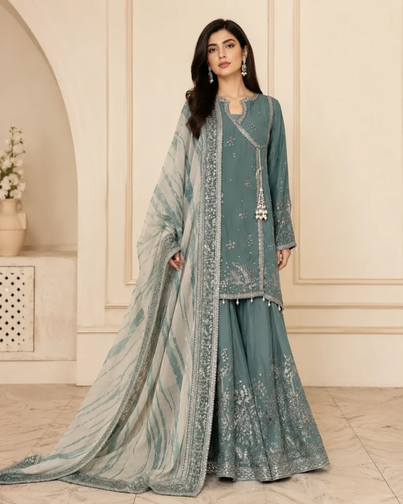 Afsheen Dusty Blue Embroidered 3-Piece Formal Sharara Set