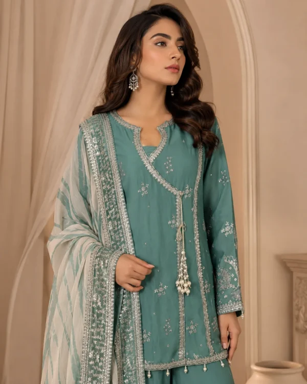 Afsheen Dusty Blue Embroidered 3-Piece Formal Sharara Set - Image 2