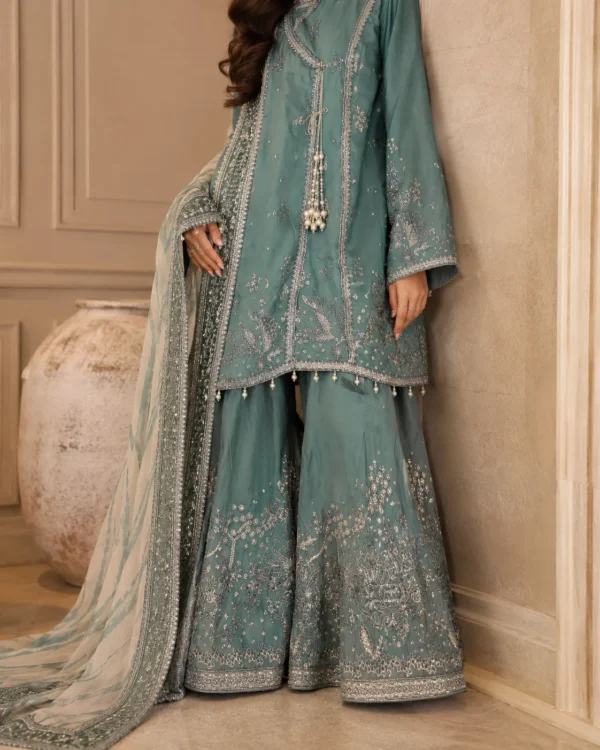 Afsheen Dusty Blue Embroidered 3-Piece Formal Sharara Set - Image 3
