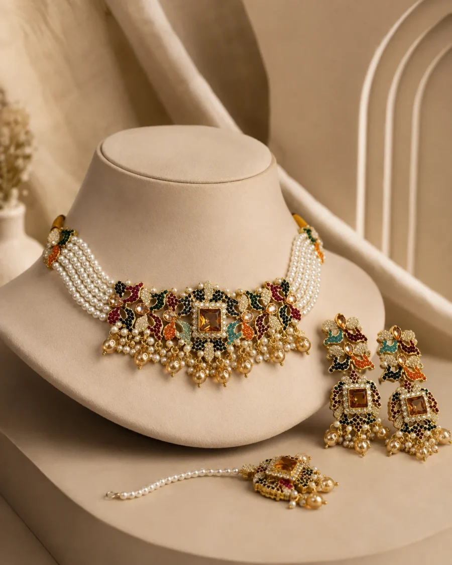 Meher Multicolor Kundan Pearl Choker Jewelry Set with Earrings & Maang Tikka