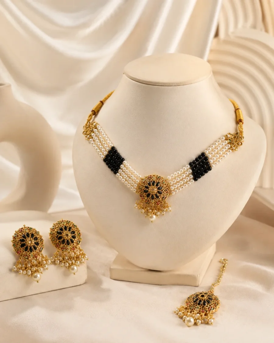 Zarmina Black Stone & Pearl Choker Jewelry Set with Earrings and Maang Tikka