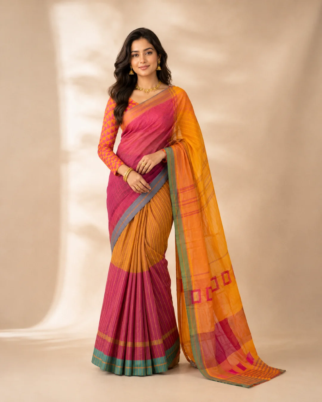 Rangrez Magenta, Mustard & Teal Printed Cotton Saree