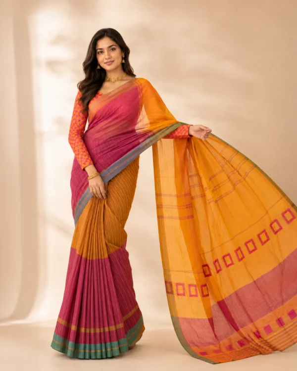Rangrez Magenta, Mustard & Teal Printed Cotton Saree - Image 2