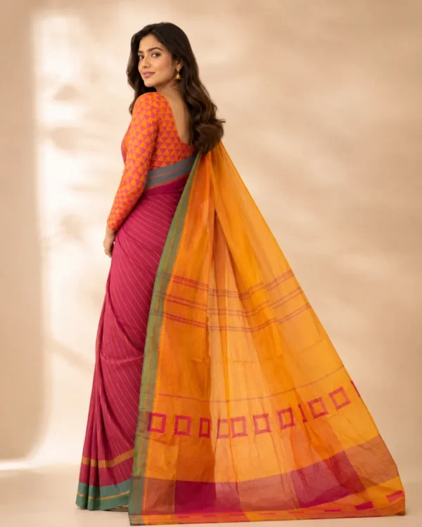 Rangrez Magenta, Mustard & Teal Printed Cotton Saree - Image 3