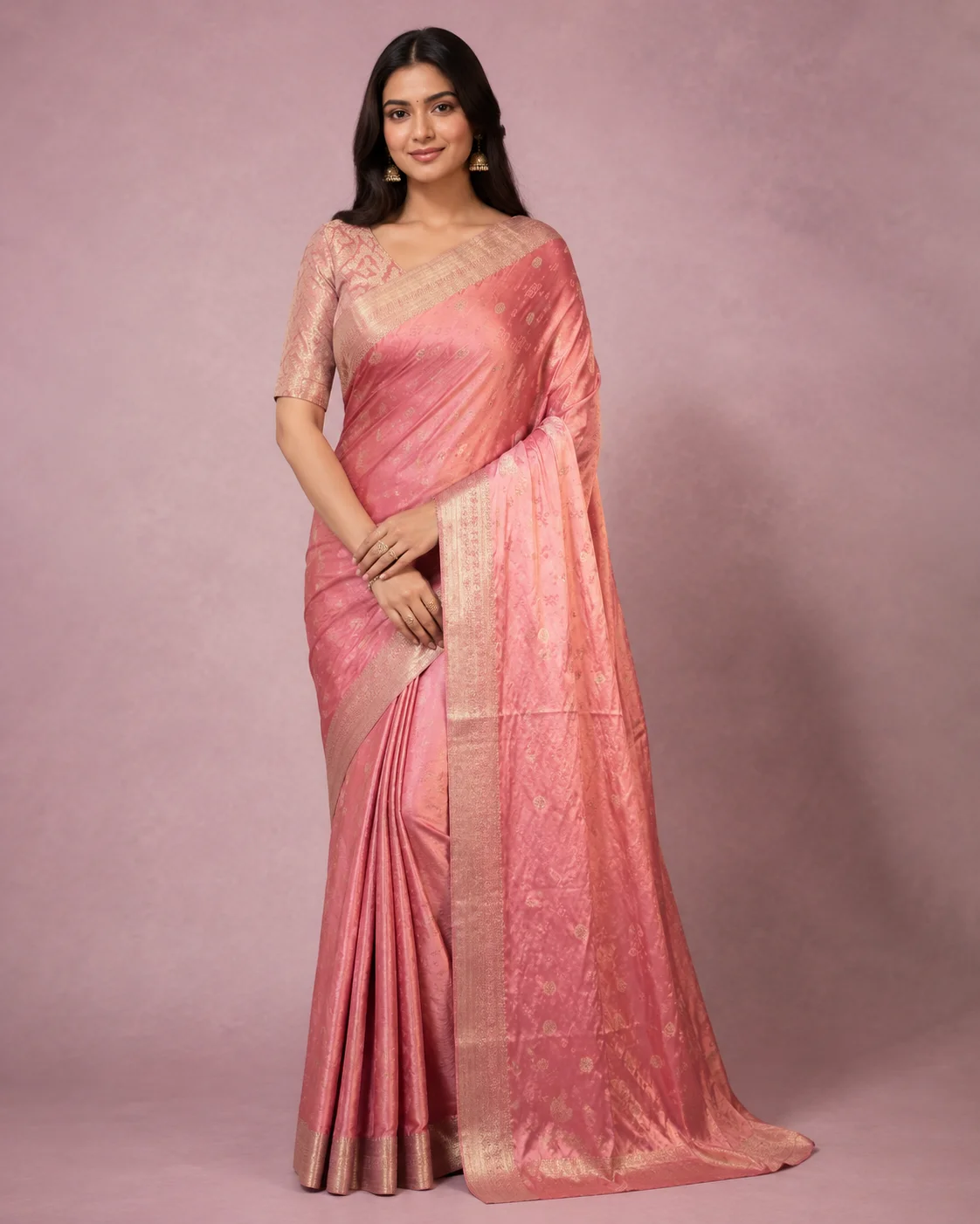 Gulnaar Rose Pink Banarasi Saree with Woven Zari Border