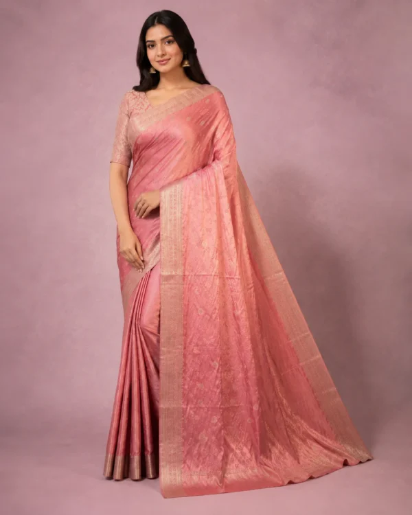 Gulnaar Rose Pink Banarasi Saree with Woven Zari Border - Image 2