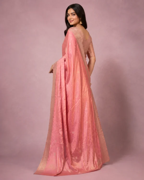 Gulnaar Rose Pink Banarasi Saree with Woven Zari Border - Image 3