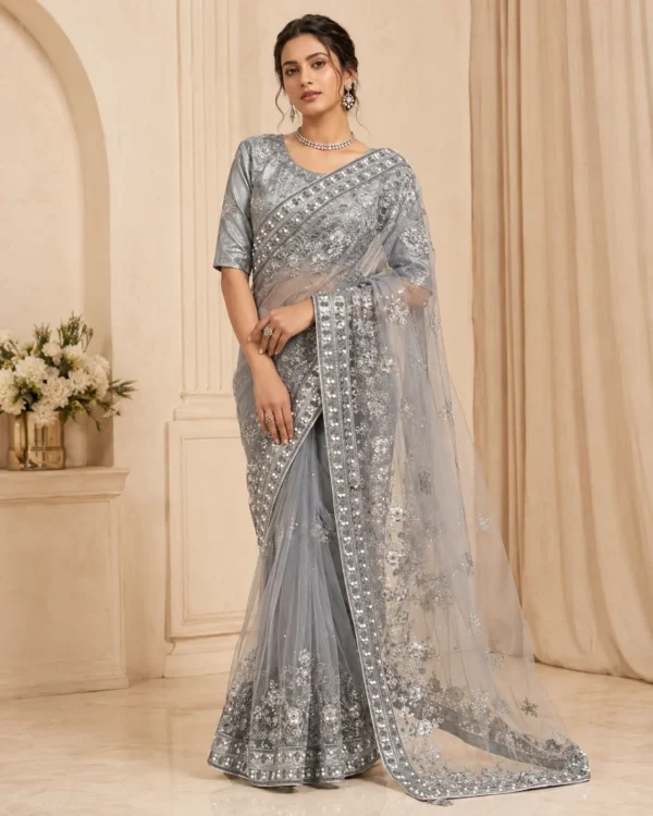 Afsana Grey Embroidered Net Saree with Silver Embellishments