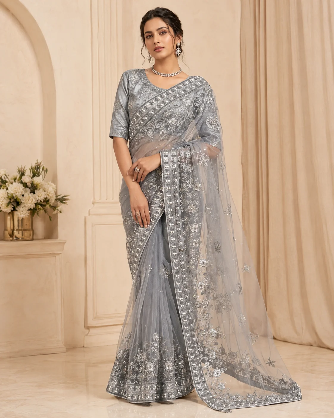 Afsana Grey Embroidered Net Saree with Silver Embellishments