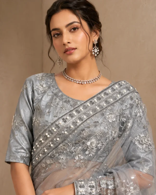 Afsana Grey Embroidered Net Saree with Silver Embellishments - Image 2