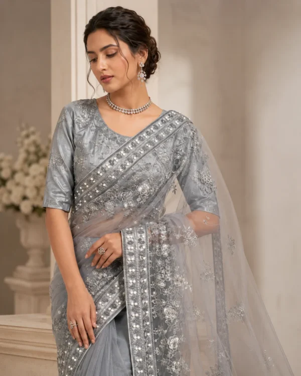 Afsana Grey Embroidered Net Saree with Silver Embellishments - Image 3