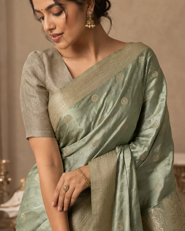 Sahar Sea Green Banarasi Saree with Woven Zari Border - Image 3