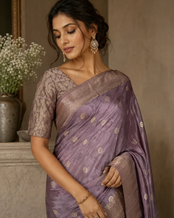 Zehra Plum Light Purple Banarasi Saree with Zari Border - Image 2
