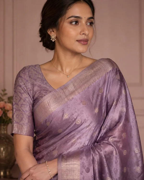 Zehra Plum Light Purple Banarasi Saree with Zari Border - Image 3